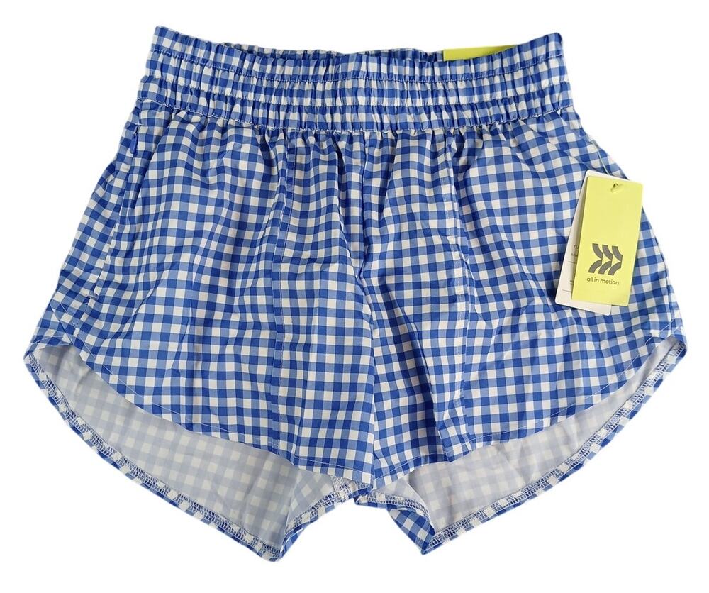 All In Motion Run Shorts Womens Blue XS Mid-Rise Stretchy Athletic Gingham NWT